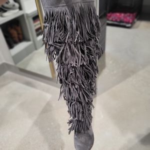 Knee high fringed boots gray